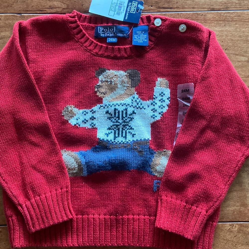 NWT Polo by Ralph Lauren Teddy Bear 100% Cotton Sweater Size 24M